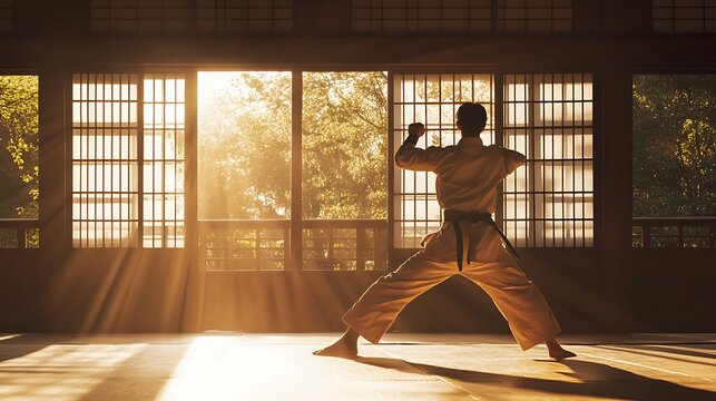 Karateca Practices Martial Arts In Golden Sunlight