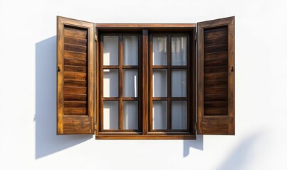 Obraz premium Dark wood window, shutters open, white wall.