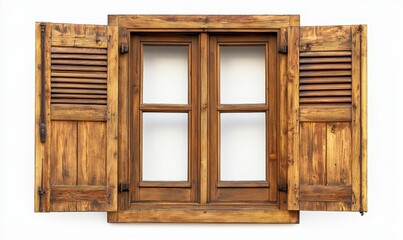 Wooden window with open shutters, rustic.