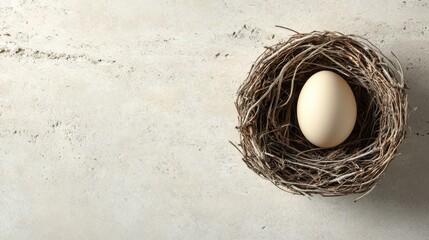 Fototapeta premium Soft Beige Egg Nestled in a Natural Twigs Nest on Gray Surface