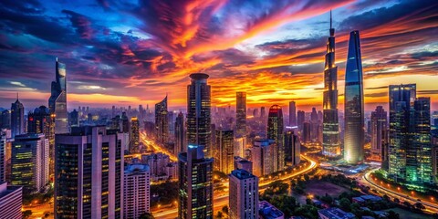 Obraz premium Futuristic Cityscape at Dusk with Neon Lights and Towering Skyscrapers Under a Vibrant Sunset Sky, Showcasing Advanced Architecture and Urban Life in a Dazzling Atmosphere