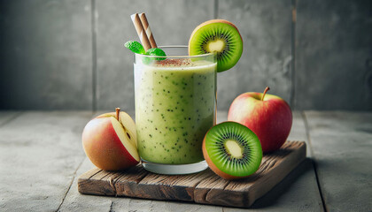 A bright and refreshing kiwi smoothie. The smoothie is creamy green, garnished with a sprig of mint and two kiwi slices. The glass sits on a wooden cutting board, surrounded by fresh apples and kiwi.