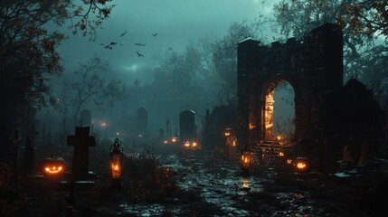 Fototapeta premium Spooky Graveyard scene in fog with glowing Jack-o'-lanterns, ancient tombstones, eerie atmosphere, and bats flying under a full moon creating a Halloween landscape