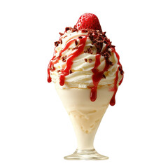 A delicious ice cream sundae topped with chocolate, syrup, and a fresh strawberry.