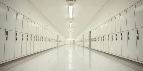 An empty school hallway featuring vibrant lockers, smooth floors, and fluorescent lighting