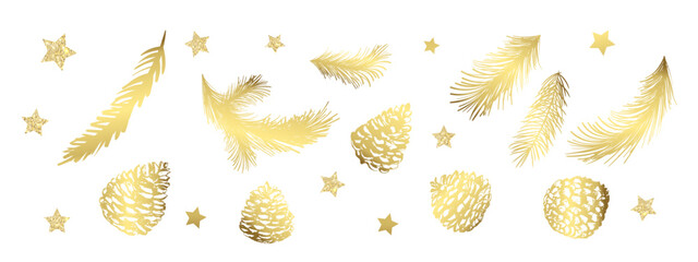 Merry Christmas and Happy New with hand drawn golden evergreen branches and cones and glitter stears