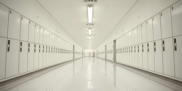 An empty school hallway featuring vibrant lockers, smooth floors, and fluorescent lighting - Powered by Adobe