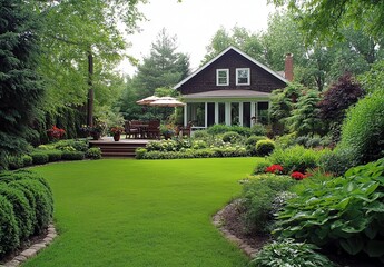 Naklejka premium Tranquil suburban home surrounded by lush greenery and vibrant flower beds, with a cozy patio perfect for outdoor relaxation and entertaining in a serene garden setting.