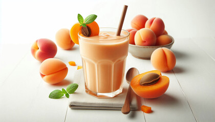 The smoothie is bright orange, garnished with a sprig of mint and a slice of apricot. A straw protrudes from the glass, inviting you to take a sip. The smoothie is surrounded by fresh apricots.