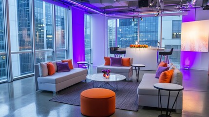Modern lounge area with stylish seating and vibrant lighting, ideal for social gatherings or events.