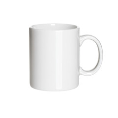 A plain white coffee mug with a smooth surface and a rounded handle.