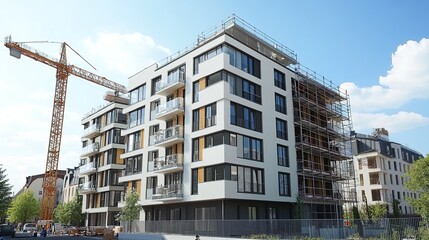Modern residential building under construction with a crane and scaffolding.
