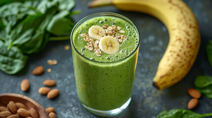 Fresh green smoothie with spinach, banana, and almonds, topped with oats, offers nutritious and delicious drink. Perfect for healthy lifestyle!