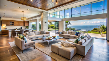 Fototapeta premium Luxurious ocean view living room with high ceilings, hardwood floors, and modern furniture.