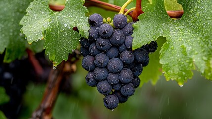 A cluster of dark grape glistening with water droplets on a vine, showcasing freshness and ripeness.
