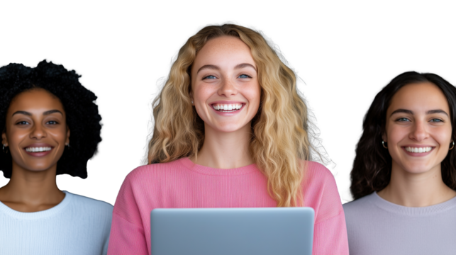 Smiling women with laptop on transparent background showcasing collaboration and technology