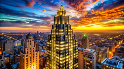 Glamorous Art Deco Skyscraper with Intricate Patterned Window Lights Illuminating the Urban Landscape at Dusk, Captured in an Urban Exploration Photography Style