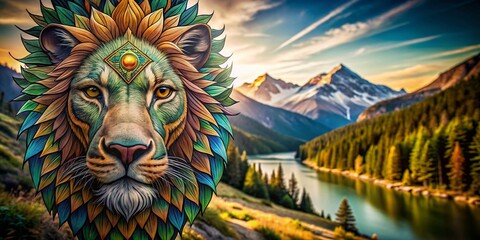 Obraz premium Geometric Lion Head Traditional Tattoo Illustration in a Vibrant Landscape Setting with Natural Elements and Bold Colors for Artistic and Cultural Representation