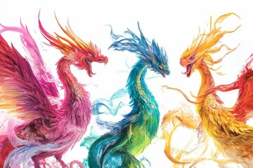 Fototapeta premium Three vibrant dragons, painted in colorful strokes.