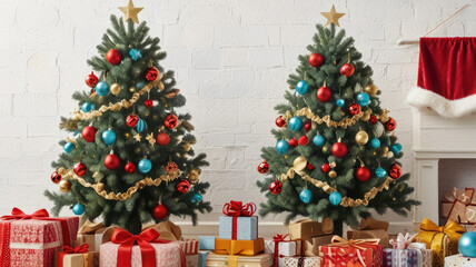 Festive Christmas background with blank white mockup of promotional banner with gifts for promotions, sales, Christmas donations, invitations, or any holiday clearance sale