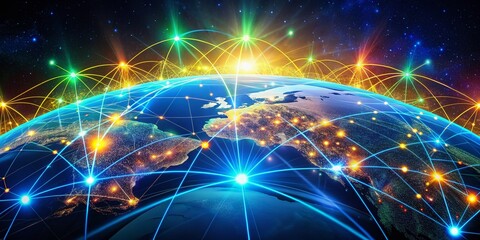 Obraz premium Global Network Connection Banner Design Template for Social Network Communication and Big Data Visualization in Internet Technology for Business Concepts