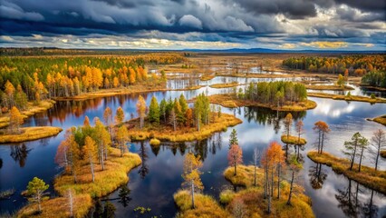 Fototapeta premium Gloomy Autumn Swamp Landscape in East Karelia, Russia: A Dramatic Scene of Dead Trees and Water Reflections in a Dreary Setting