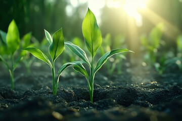 Vibrant green seedlings emerge from rich soil, illuminated by soft sunlight, symbolizing growth and renewal, Ideal for agricultural, environmental, or health-related projects,