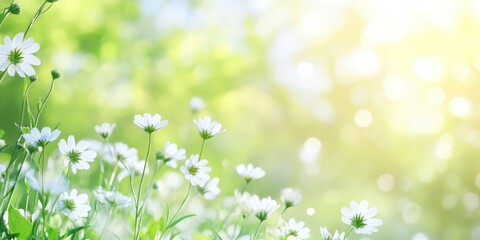 Beautiful blurred spring background with sun and bokeh light and green meadow on a sunny day. Background for a banner or presentation.