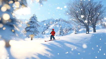 Child Skis Down Snowy Mountain Slope Winter Day