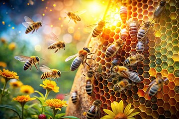 Golden Honeycomb Structure with Bees Working Diligently in a Sunny Garden Setting - A Captivating Double Exposure Photography of Nature's Harmony