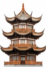 Fototapeta premium Three-story wooden pagoda, intricate details, curved eaves.