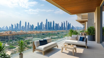 Modern balcony with seating, showcasing a skyline view of Dubai's skyscrapers and greenery.