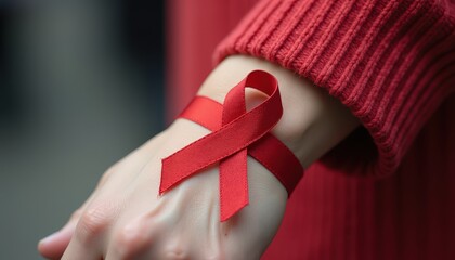 Red Ribbon Tied Securely Around a Person’s Wrist as a Visible Reminder of the Ongoing Fight for HIV and AIDS Awareness and Support.