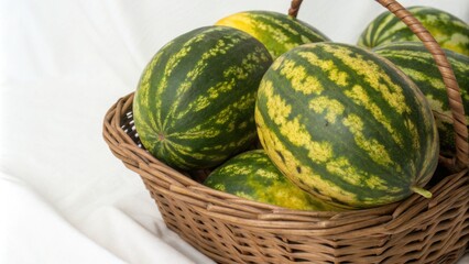 Fresh watermelons in a basket indoor setting high-quality image natural light delicious fruit concept for seo
