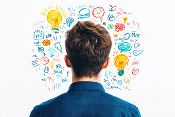 A person contemplating ideas and solutions illustrated by colorful sketches.