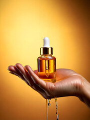 Female Hand Holding Gold Serum Bottle on golden background
