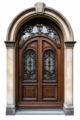 Fototapeta premium Ornate arched doorway, wooden double doors, metal accents.