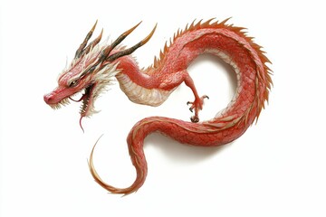 Obraz premium Red dragon, coiled, sharp horns, clawed feet.