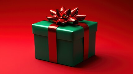 Fototapeta premium A Luxurious Emerald Green Gift Box with a Vibrant Red Ribbon Bow on a Red Background: A Festive Holiday Present