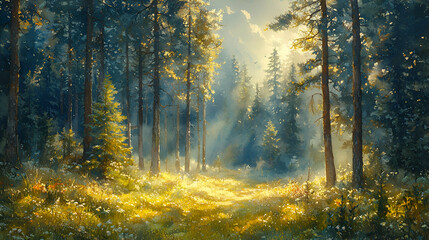 Obraz premium A serene forest scene bathed in golden sunlight, highlighting tall trees and a lush, grassy clearing.