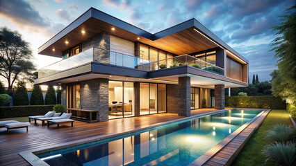 Fototapeta premium Modern luxury home with infinity pool at dusk.