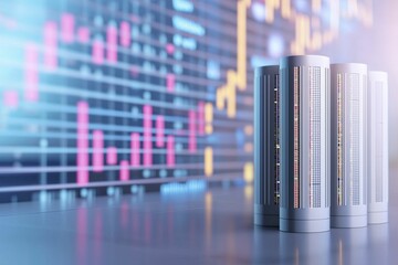 Obraz premium Economic risk mitigation planning tools, modern minimalist style, gray metal and glass, front view focus, with abstract financial graphs background.