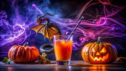 Halloween Themed Glass of Orange and Purple Drink with Straw and Dragon Decoration for Spooky Celebrations and Festive Gatherings in a Dark, Mysterious Setting