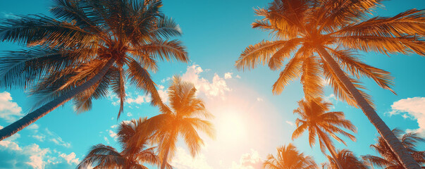 Tropical sun shining brightly over palm trees against blue sky, creating serene and vibrant atmosphere. Perfect for summer vibes and relaxation