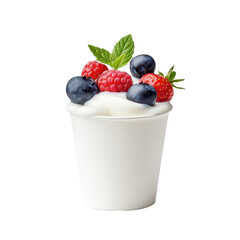 A cup of creamy yogurt topped with fresh raspberries, blueberries, and a sprig of mint.