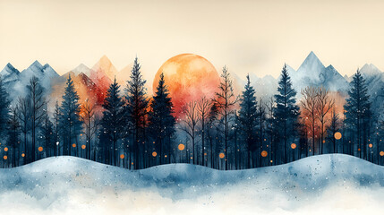 Fototapeta premium A serene winter landscape featuring snow-covered hills, dark pine trees, and a vibrant sunset amidst mountains and soft, glowing lights.