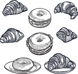 Bagel sandwiches and croissant bakery engraved vintage vector illustration.
