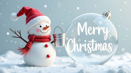 Christmas snowman in white background with white snowflakes and glass big ball white Handwriting thin Letters Merry Christmas