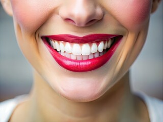 Generative AI Concept: Close-Up of a Woman's Mouth with a Perfect Bright Smile and Healthy Teeth in Tilt-Shift Photography Style for Dental Health and Technology Imagery