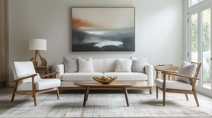 Fototapeta premium single bold focal point, such as a large abstract painting or a unique piece of furniture, anchoring the design. The space balances contrasting styles with clean lines, neutral tones